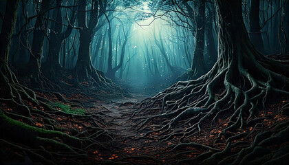 Wall Mural - dark enchanted forest background with twisted roots and shimmering lights