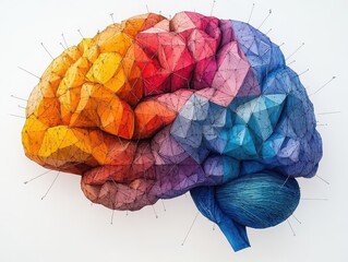 intricate geometric brain diagram, each facet a vibrant hue representing neural connections, set against a stark white background, merging art with science