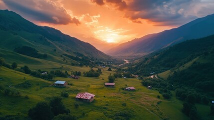 Illustration of rural mountain scenery at sunset. Ai generated image