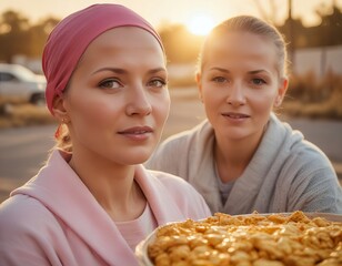 they are two women holding a plate of food in the street.