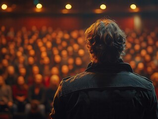 motivational speaker on stage, back view, captivating an audience with an inspiring talk, illuminated by stage lights that enhance the atmosphere of engagement and motivation