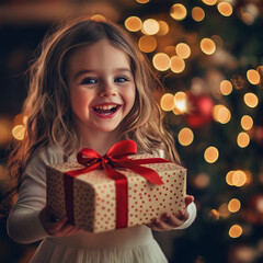 Happy little smiling girl with christmas gift box.