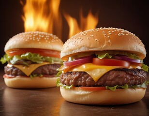 two hamburgers with cheese, tomato, and lettuce on buns.