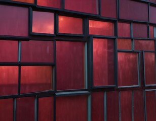  red glass wall with a clock on it in front of a building.