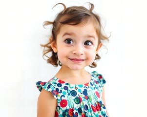 there is a little girl that is smiling and wearing a dress.