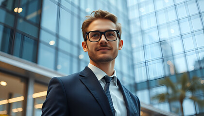 handsome businessman in glasses along comes an office building