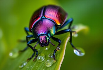  beetle on a leaf with water droplets on it.