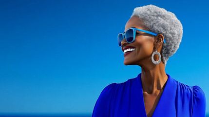 Joyful woman enjoying a sunny day at the beach with a vibrant blue backdrop