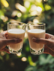 person holding a cup of milk, hand holding glass of milk, two hands holding glasses of milk toasting each other