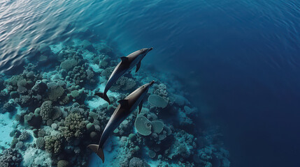 Breathtaking underwater shot of dolphins swimming gracefully over vibrant coral reefs, showcasing beauty of marine life in serene ocean environment