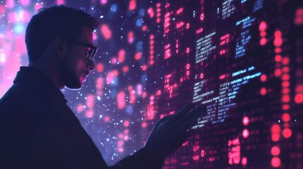 A silhouette of a man wearing glasses, standing in front of a wall of glowing code.