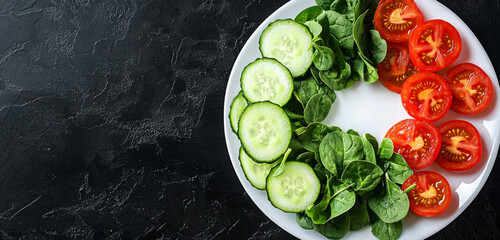 Fresh salad made with cucumbers, spinach, and tomatoes on a black background