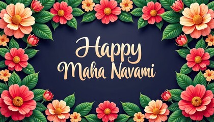  Elegant Floral Frame Adorning the Happy Maha Navami Message with Lush Blooms and Rich Colors to Enhance Festive Spirit.