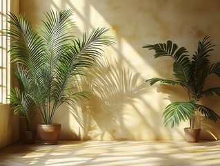 soft beige background adorned with elegant shadows cast by delicate palm leaves, creating a serene and tranquil atmosphere that inspires relaxation and paradise vibes