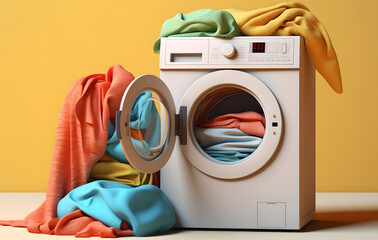 Illustration of a clean and modern washing machine, designed for household laundry, bright colors.