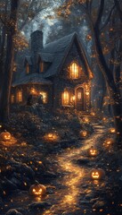 Wall Mural - A charming cottage sits nestled in a dark forest, illuminated by jack-o-lanterns and a warm glow emanating from within.