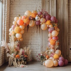 Wall Mural - A balloon arch with floral decorations and pampas grass against a brick wall.