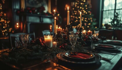 Sticker - A beautifully decorated Christmas table with candles, red ornaments, and pine branches.