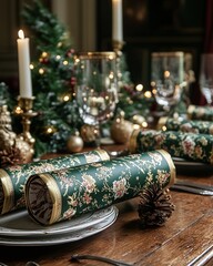 Canvas Print - A beautifully decorated Christmas table with festive crackers, pine cones, and candles.