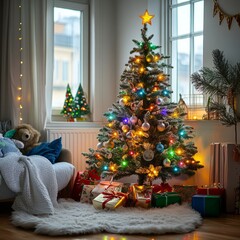 Wall Mural - A beautifully decorated Christmas tree with presents underneath in a cozy living room setting.