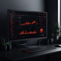 Wall Mural - A black desktop with a computer monitor displaying a stock market chart, a keyboard, and a mug.