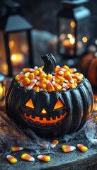 Canvas Print - A black jack-o-lantern filled with candy corn sits on a wooden table with lit lanterns in the background.