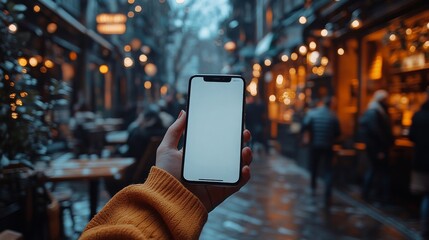 Canvas Print - woman hand holding modern smart phone mockup a contemporary shopping mall