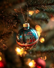 Poster - A blue Christmas ornament with a winter scene hangs from a Christmas tree.