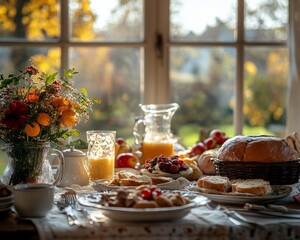 Poster - A bountiful breakfast spread with fresh fruit, pastries, and juice, set on a table by a window overlooking a sunny autumnal garden.