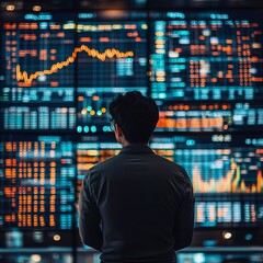 Poster - A businessman stands before a large display showing financial data and charts.