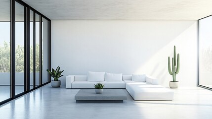 A minimalist living room with a white sofa and a concrete coffee table, cactus, and large windows overlooking a green landscape.