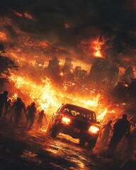 Canvas Print - A car drives through a city engulfed in flames with zombies chasing it.