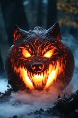 Poster - A carved pumpkin shaped like a wolf's head glows ominously in a forest setting, with smoke swirling around it.