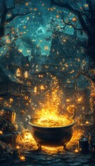 Sticker - A cauldron of fire glows in a magical, lantern-lit village.