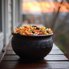 Canvas Print - A cauldron overflowing with colorful candies, ready for Halloween trick-or-treaters.