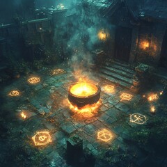 Poster - A cauldron with fire burns in the center of a magical courtyard with glowing symbols.