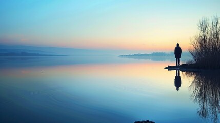  A person gazing into a calm, clear lake, seeing their own reflection, symbolizing introspection and personal accountability, Accountability