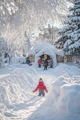 Wall Mural - A child walks towards a group of people standing near a wooden cabin in a snowy forest.