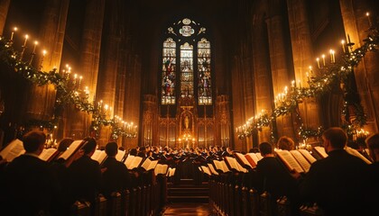 Wall Mural - A choir sings carols in a dimly lit church, illuminated by candlelight and stained glass windows.