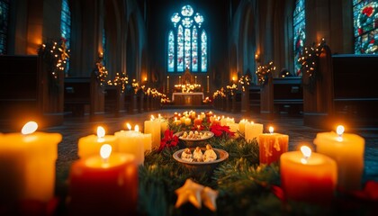 Wall Mural - A church decorated for Christmas with candles, a wreath, and a stained glass window.