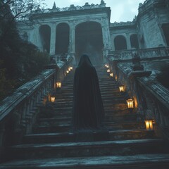 Wall Mural - A cloaked figure ascends a stone staircase towards an ancient building shrouded in fog and lit by lanterns.