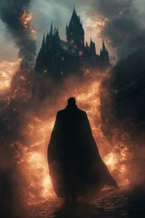 Poster - A cloaked figure walks towards a towering castle shrouded in mist and fire.