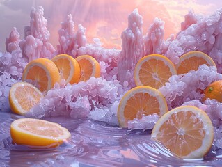 Surreal Citrus Landscape: Pink Ice and Frozen Fruit