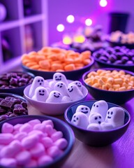 Sticker - A close-up of a table with bowls of candy and marshmallow ghosts. The table is set for a Halloween party, and the bowls are filled with treats such as candy corn, chocolate, and marshmallows.