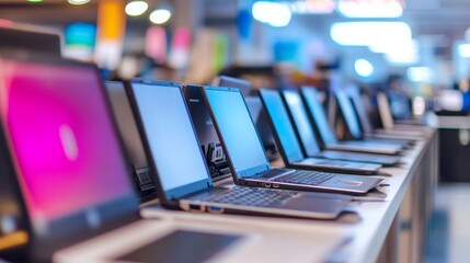 Row of laptops on a table in a technology shop. Ideal for buying notebooks, showcasing electronics, and promoting small businesses.