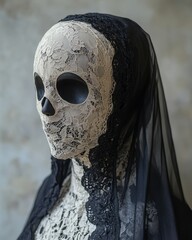 Poster - A close-up shot of a skull-shaped mask on a mannequin, partially covered with a black veil.