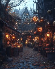 Poster - A cobblestone street lined with shops and lit by jack-o-lanterns in a magical autumn village.