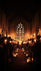 Poster - A congregation of people holding candles in a dimly lit church, with a stained glass window in the background.