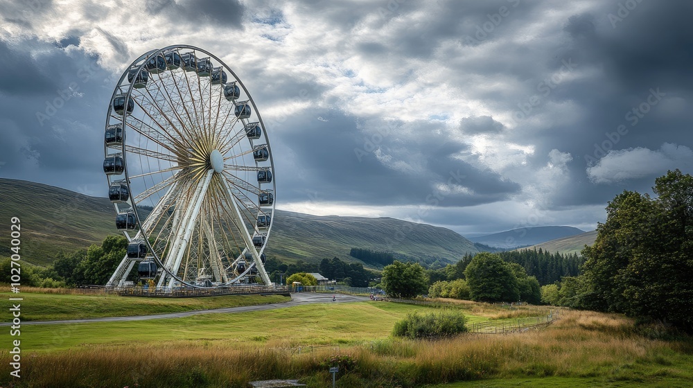 Majestic Ferris wheel set against a backdrop of rolling hills and a cloudy sky. No people included.