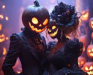 Poster - A couple in Halloween costumes, with jack-o'-lantern heads, stand close together in a field of pumpkins.